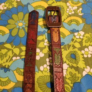 Vintage Tooled Painted Brown Leather Skinny Belt